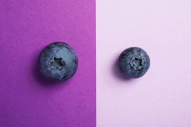 Photo of Flat lay composition with tasty blueberry on color background