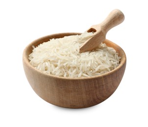 Photo of Raw basmati rice in bowl and scoop isolated on white