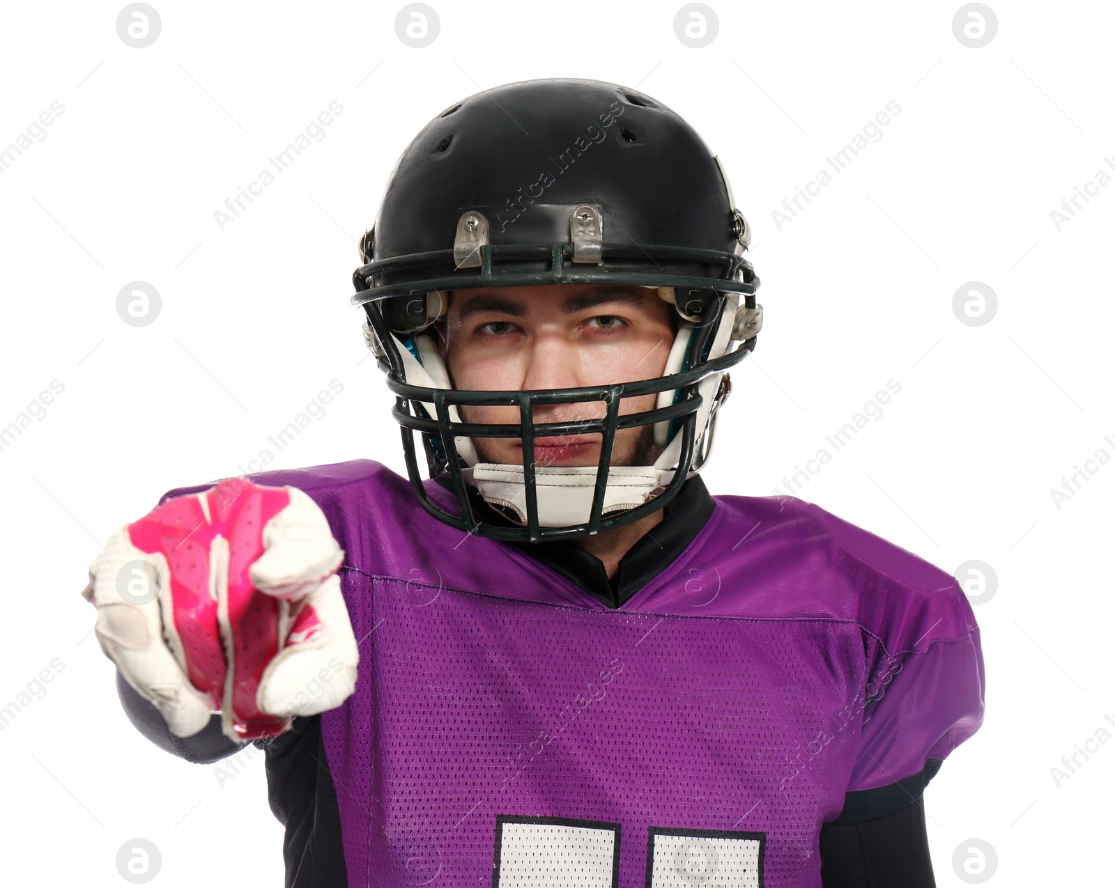 Photo of American football player wearing uniform on white background