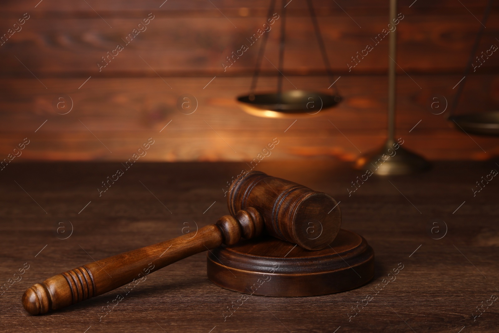 Photo of Law concept. Judge's gavel on wooden table