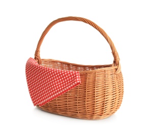 Photo of Empty picnic basket with checkered cloth isolated on white