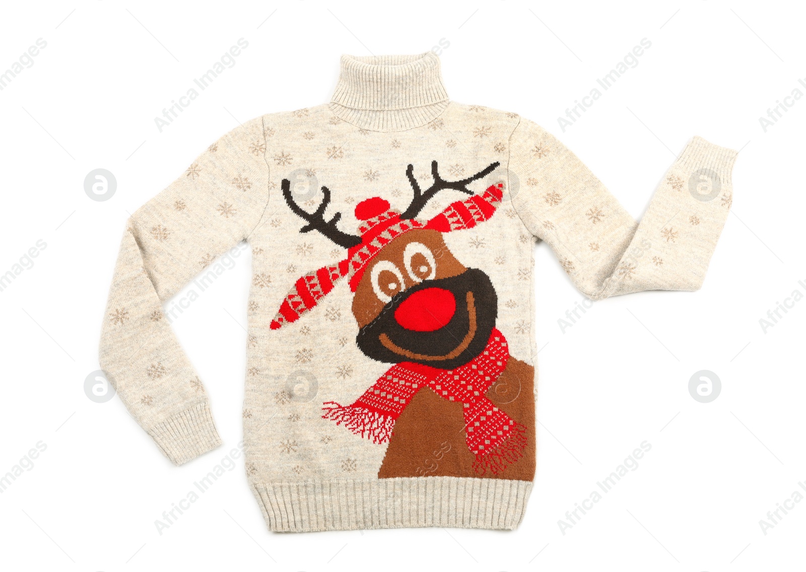 Photo of Warm Christmas sweater isolated on white, top view