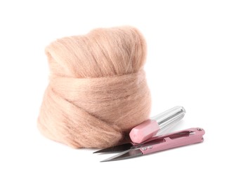 Photo of Beige felting wool, scissors and container with needles isolated on white