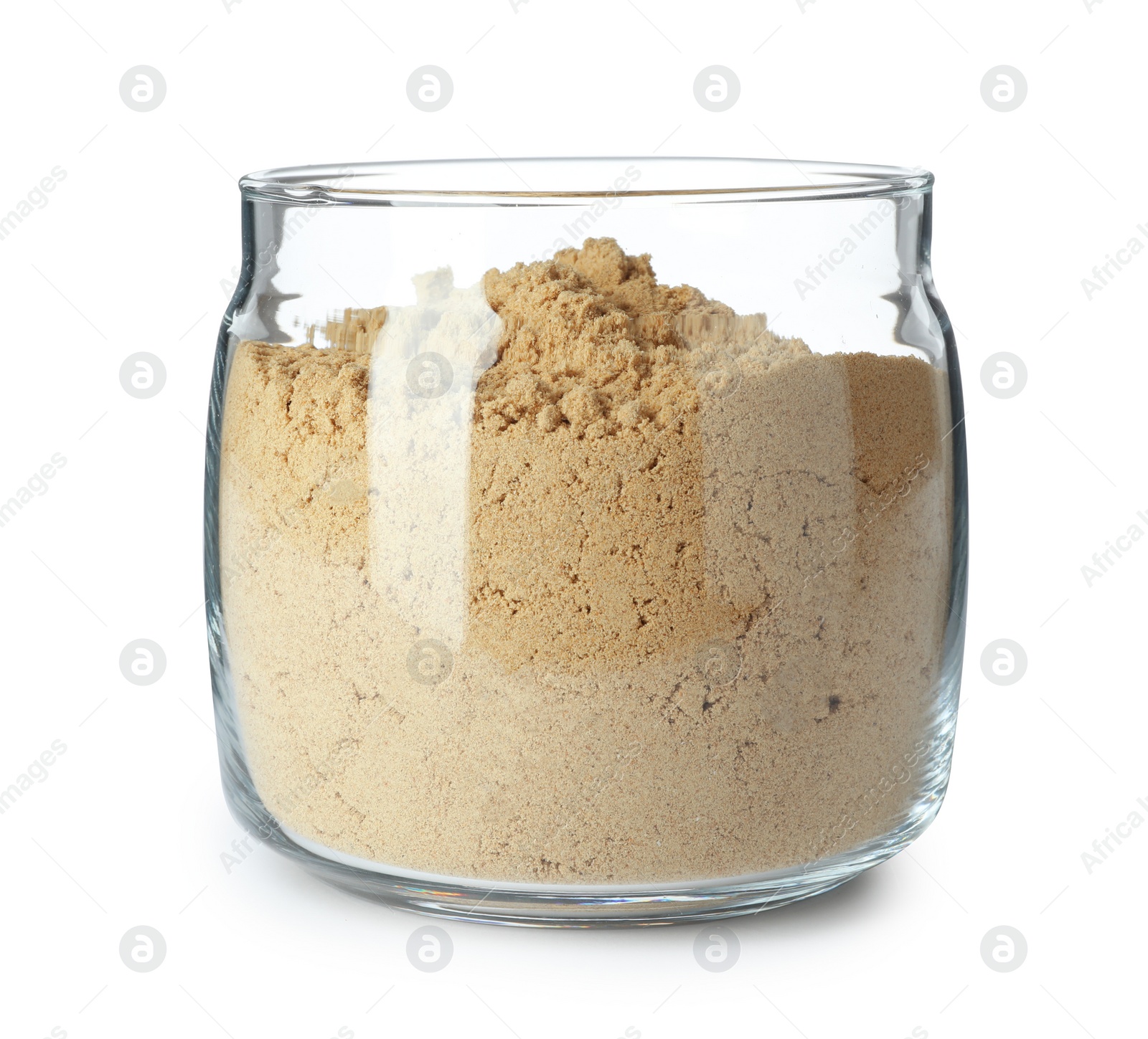 Photo of Jar of organic flour isolated on white