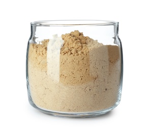 Jar of organic flour isolated on white