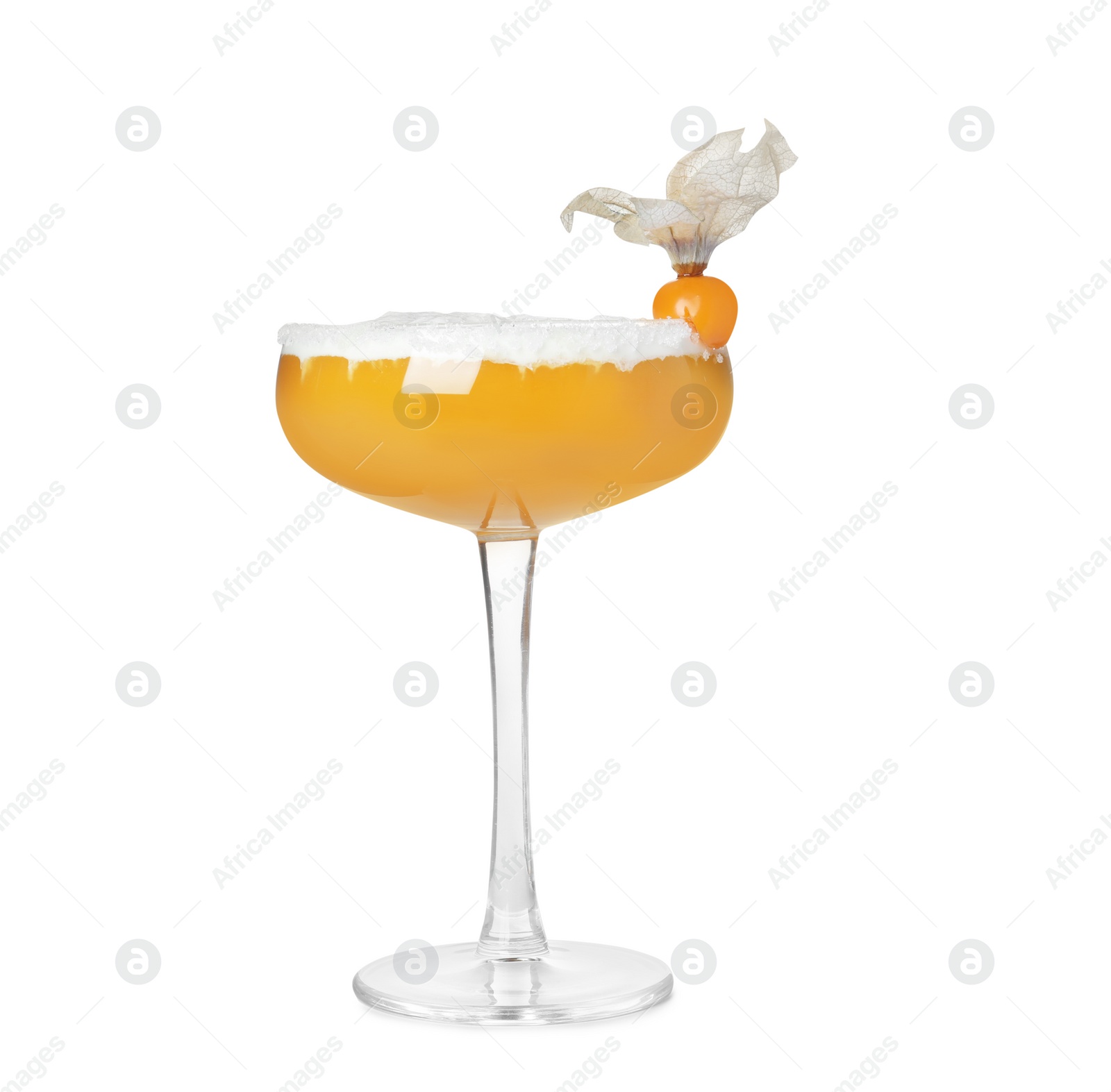 Photo of Refreshing cocktail decorated with physalis fruit on white background