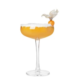 Refreshing cocktail decorated with physalis fruit on white background