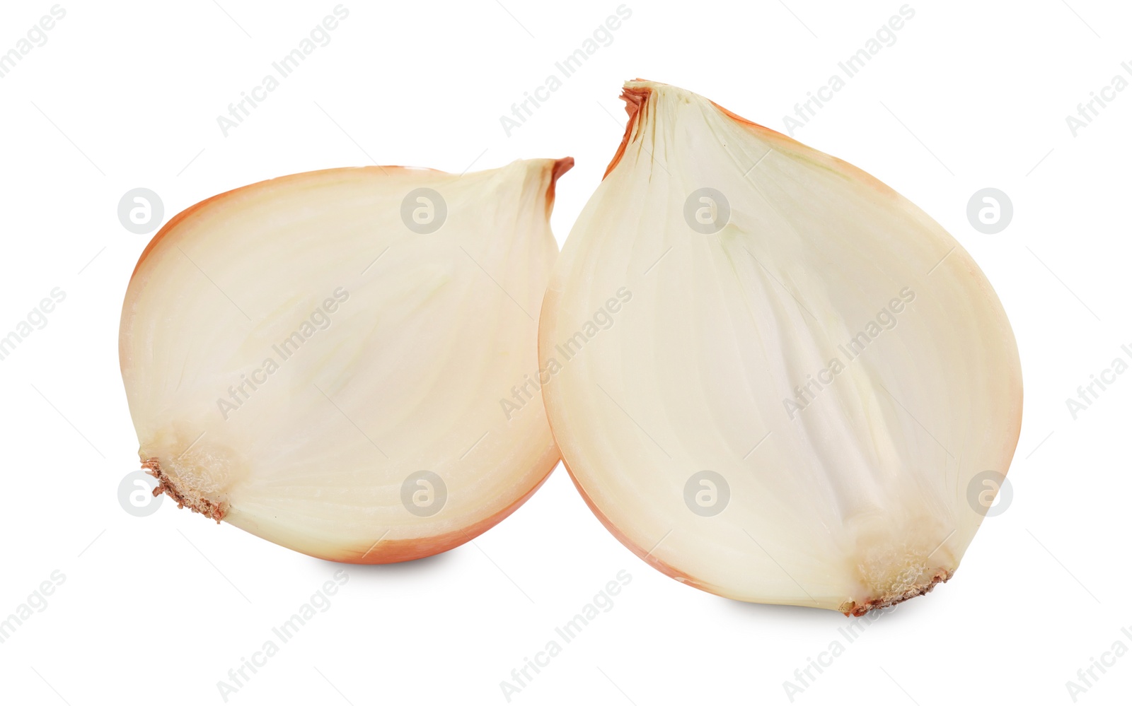 Photo of Halves of fresh onion on white background