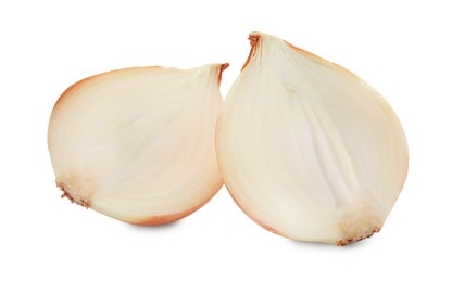 Halves of fresh onion on white background