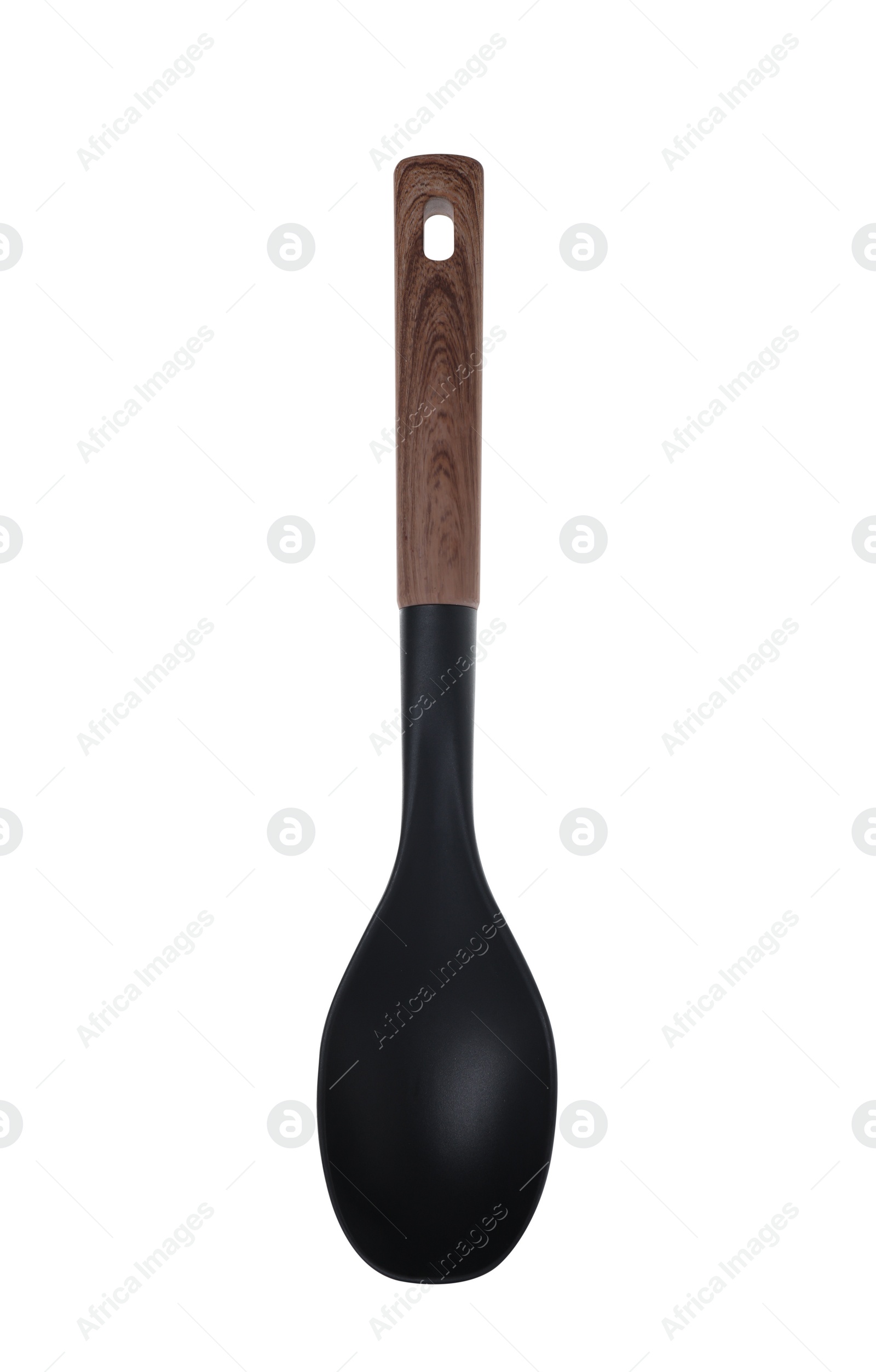 Photo of Spoon with wooden handle isolated on white. Kitchen utensil