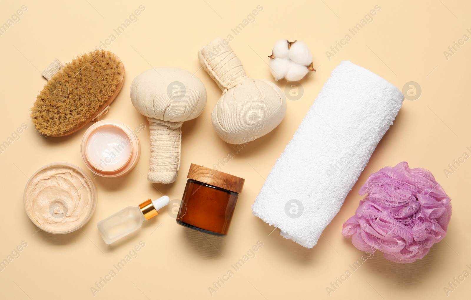 Photo of Bath accessories. Flat lay composition with personal care products on beige background