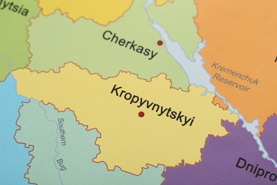 Photo of Kropyvnytskyi region on map of Ukraine, closeup