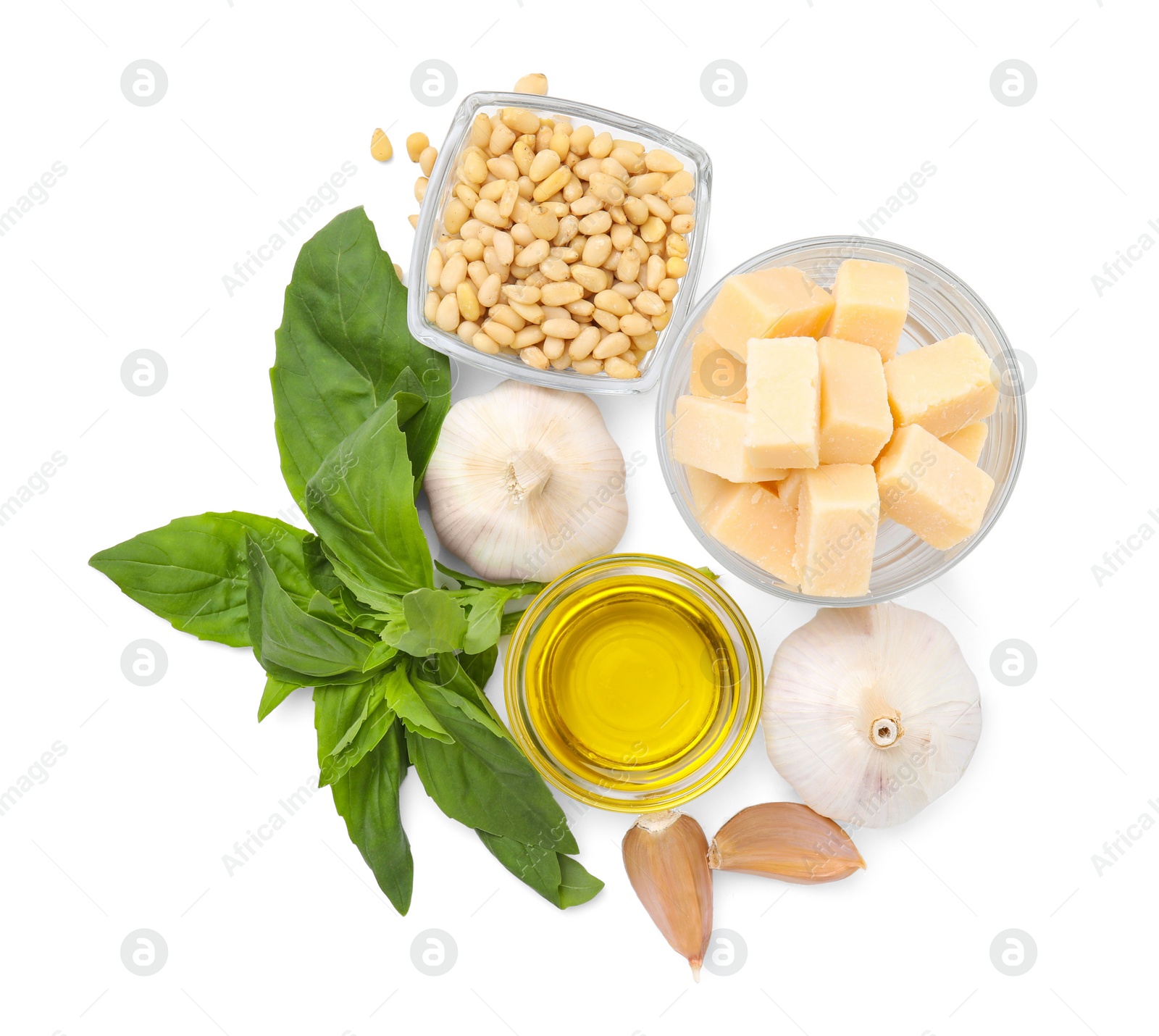 Photo of Different ingredients for cooking tasty pesto sauce isolated on white, top view