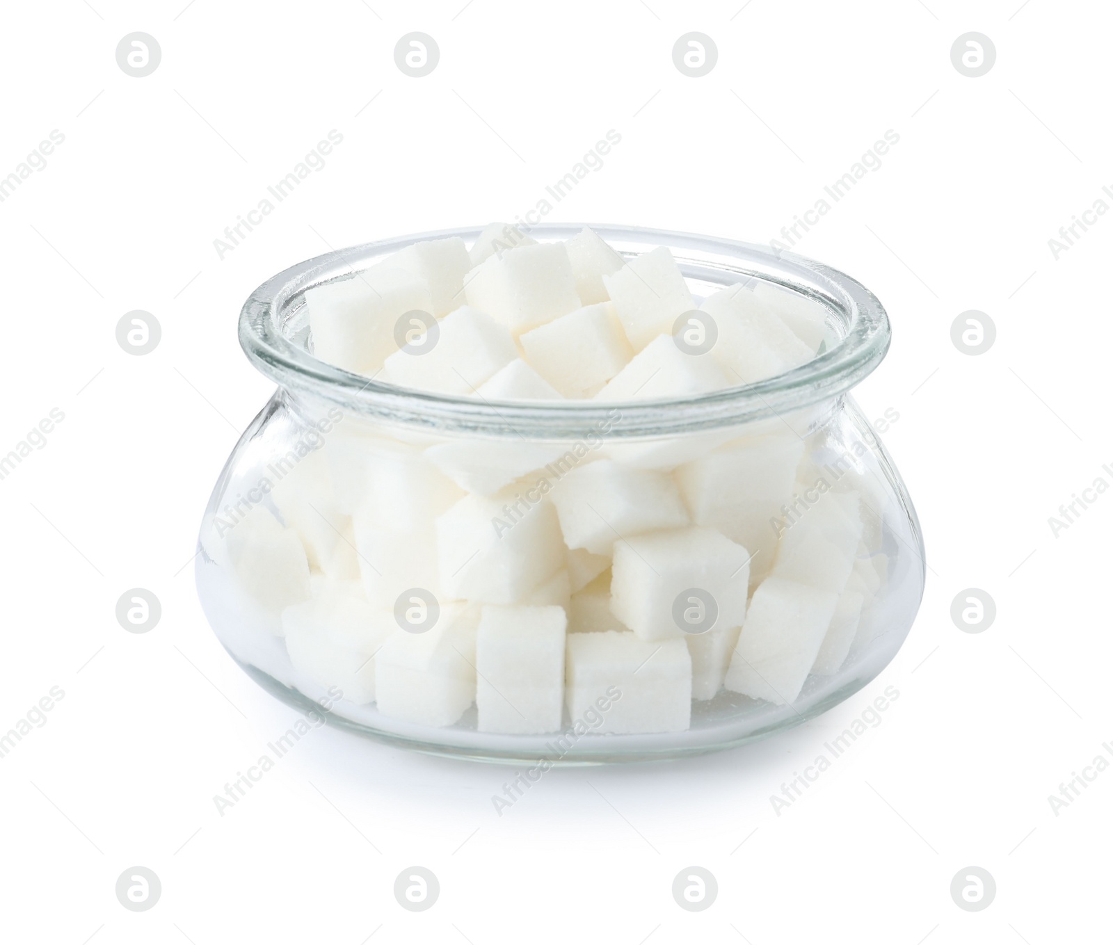 Photo of Glass bowl with sugar cubes isolated on white