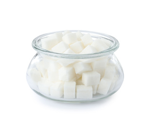 Glass bowl with sugar cubes isolated on white