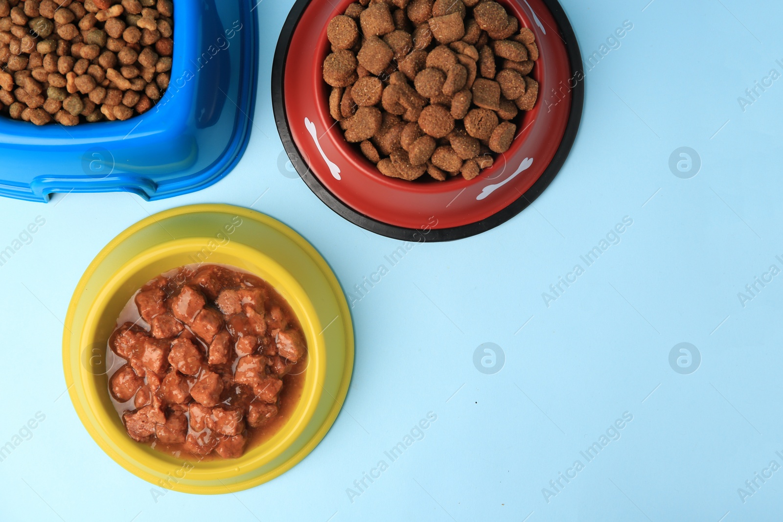 Photo of Wet and dry pet food in feeding bowls on light blue background, flat lay. Space for text