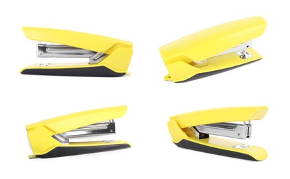 Image of Yellow stapler isolated on white, different sides