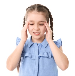 Photo of Little girl suffering from headache on white background