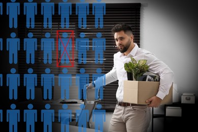 Image of Upset dismissed man carrying box with personal stuff in office