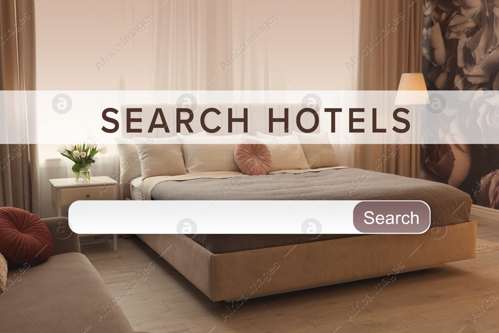 Image of Booking online service. Search bar and beautiful hotel room on background