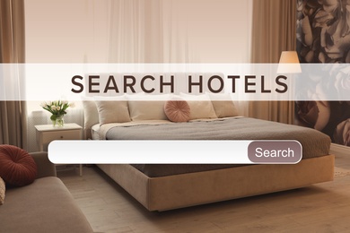 Booking online service. Search bar and beautiful hotel room on background