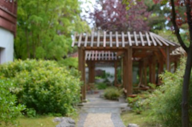 Blurred view of beautiful wooden pergola in park