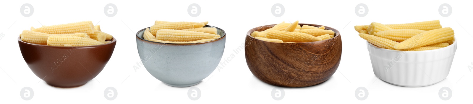 Image of Set with tasty baby corn cobs on white background. Banner design