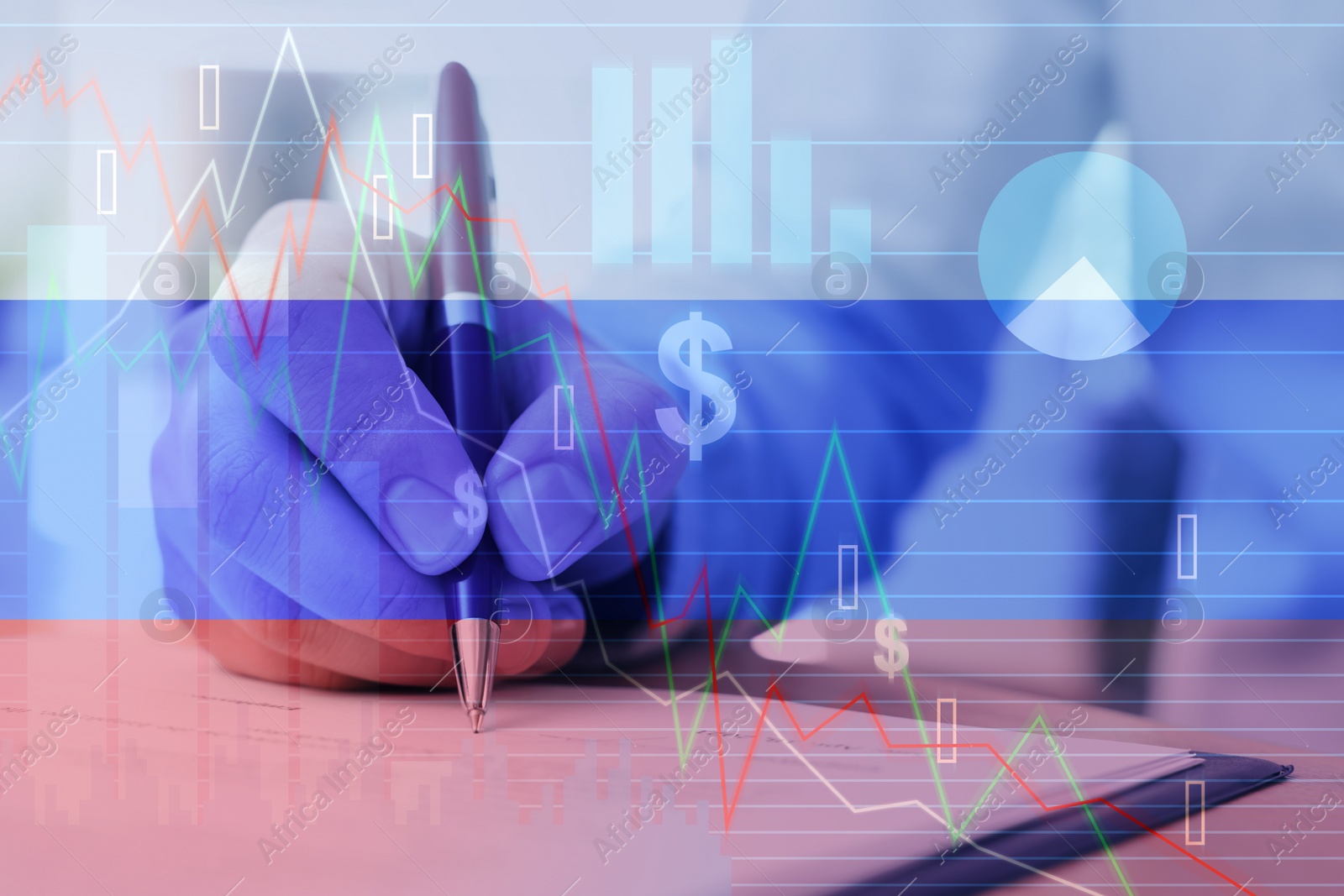 Image of Multiple exposure of man with pen, graphs and Russian flag. Concept of sanctions against Russia