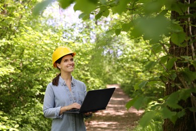 Forester with laptop examining plants in forest