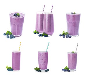 Image of Set with glasses of blueberry smoothie, fresh berries and mint on white background