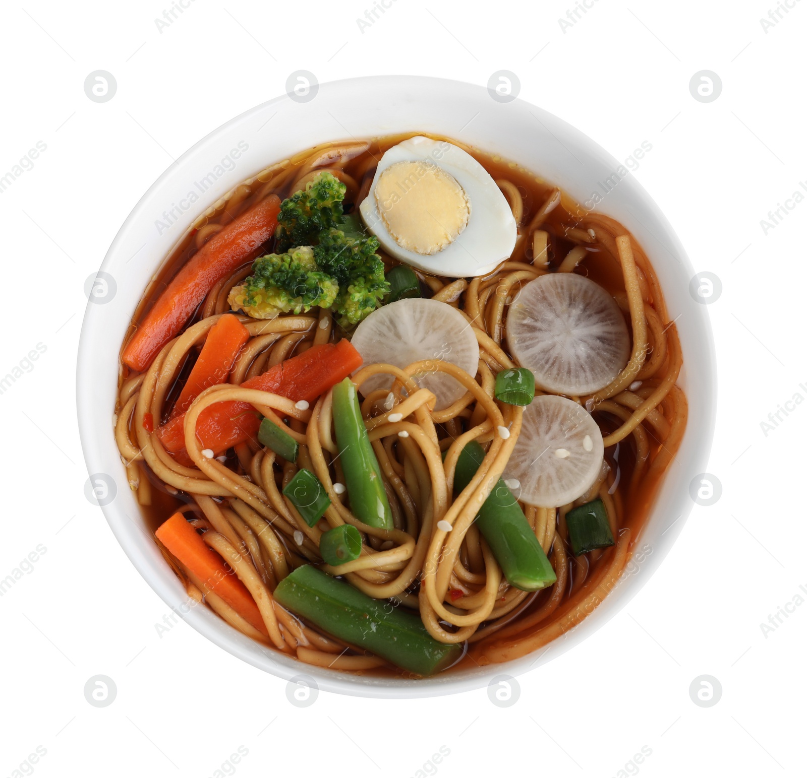 Photo of Tasty ramen with noodles and vegetables isolated on white, top view