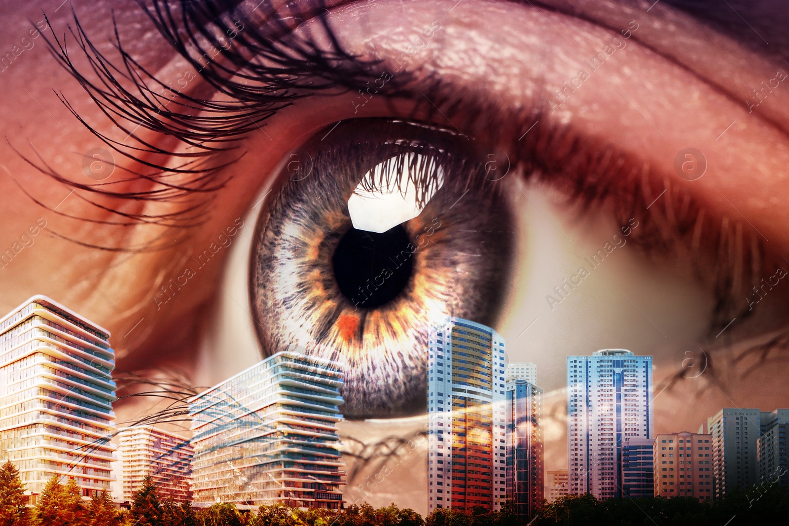 Image of Double exposure of cityscape and woman with beautiful eye, closeup