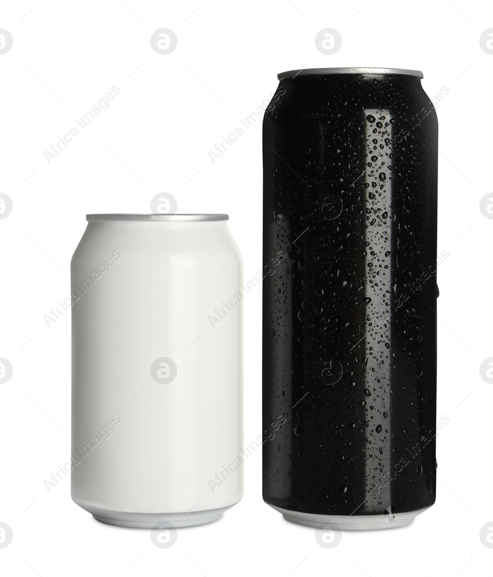 Photo of Aluminum cans with drinks on white background