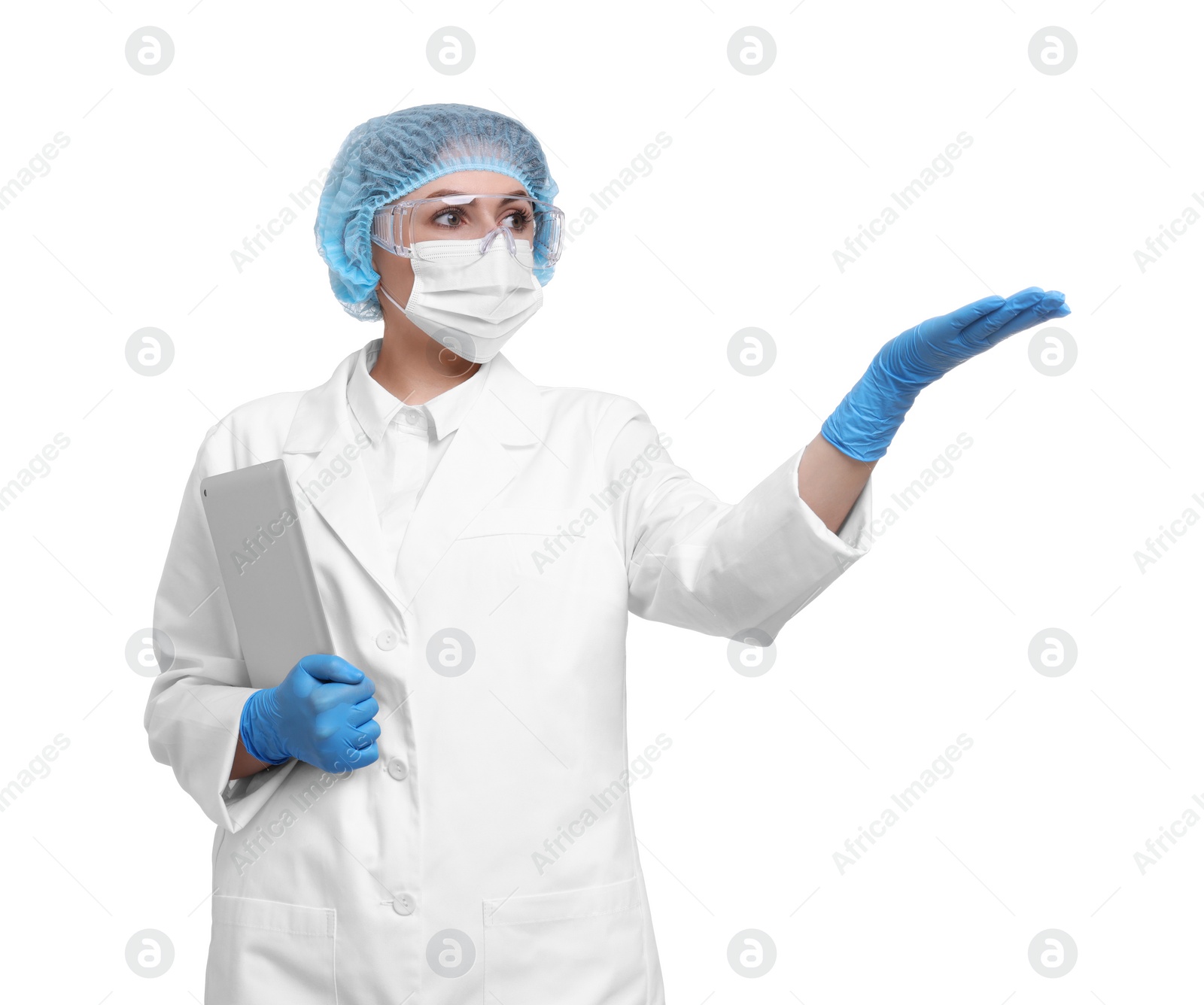 Photo of Quality control. Food inspector with tablet on white background