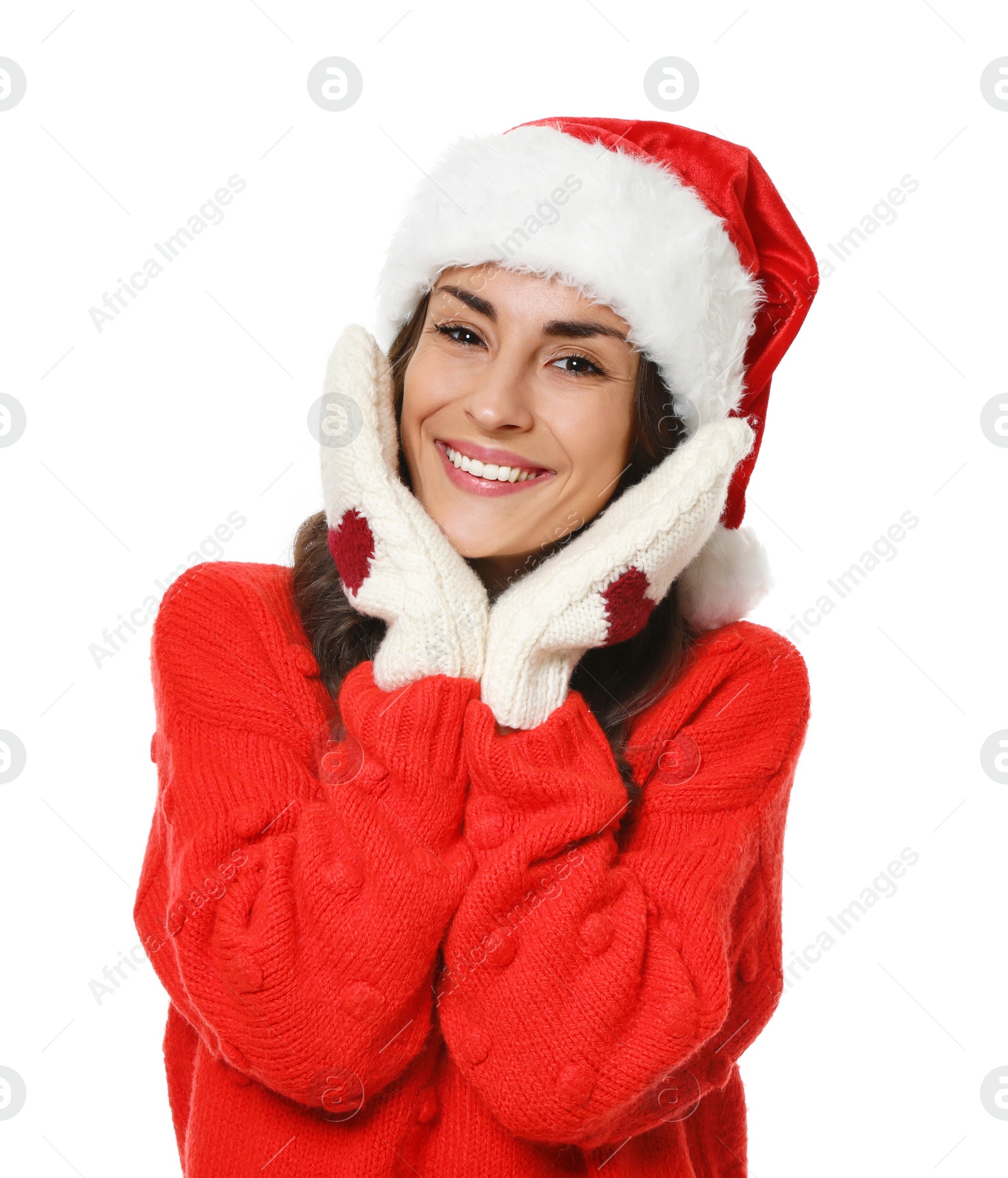 Photo of Young woman in Christmas sweater and hat on white background