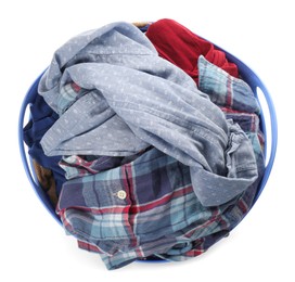Photo of Plastic laundry basket full of clothes isolated on white, top view