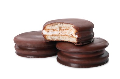 Photo of Delicious choco pies on white background. Classic snack cakes