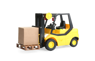 Photo of Forklift model and carton boxes on white background. Courier service
