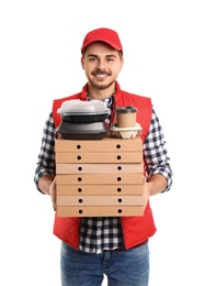 Photo of Young courier with different containers on white background. Food delivery service