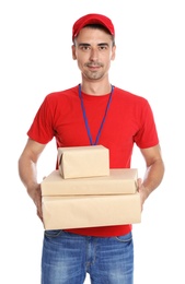 Happy young courier with parcels on white background