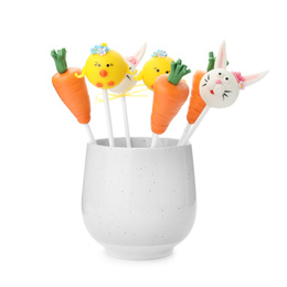 Photo of Different delicious cake pops on white background. Easter holiday