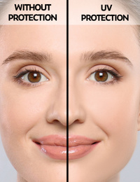 Image of Young woman without and with sun protection cream on her face, closeup