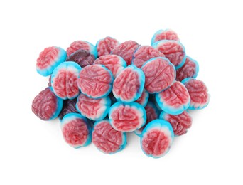 Photo of Delicious colorful candies on white background, top view. Halloween sweets