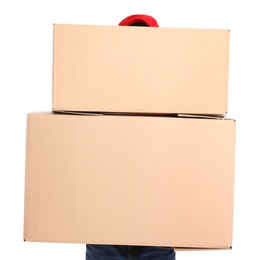 Photo of Courier with cardboard boxes on white background