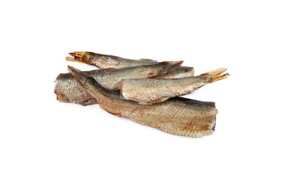 Photo of Tasty canned sprats isolated on white, top view