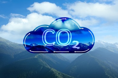 Image of Concept of clear air. CO2 inscription in illustration of cloud with arrows and beautiful mountain landscape