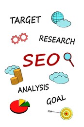 Illustration of Search engine optimization (SEO) concept. Different words and drawings on white background, illustration