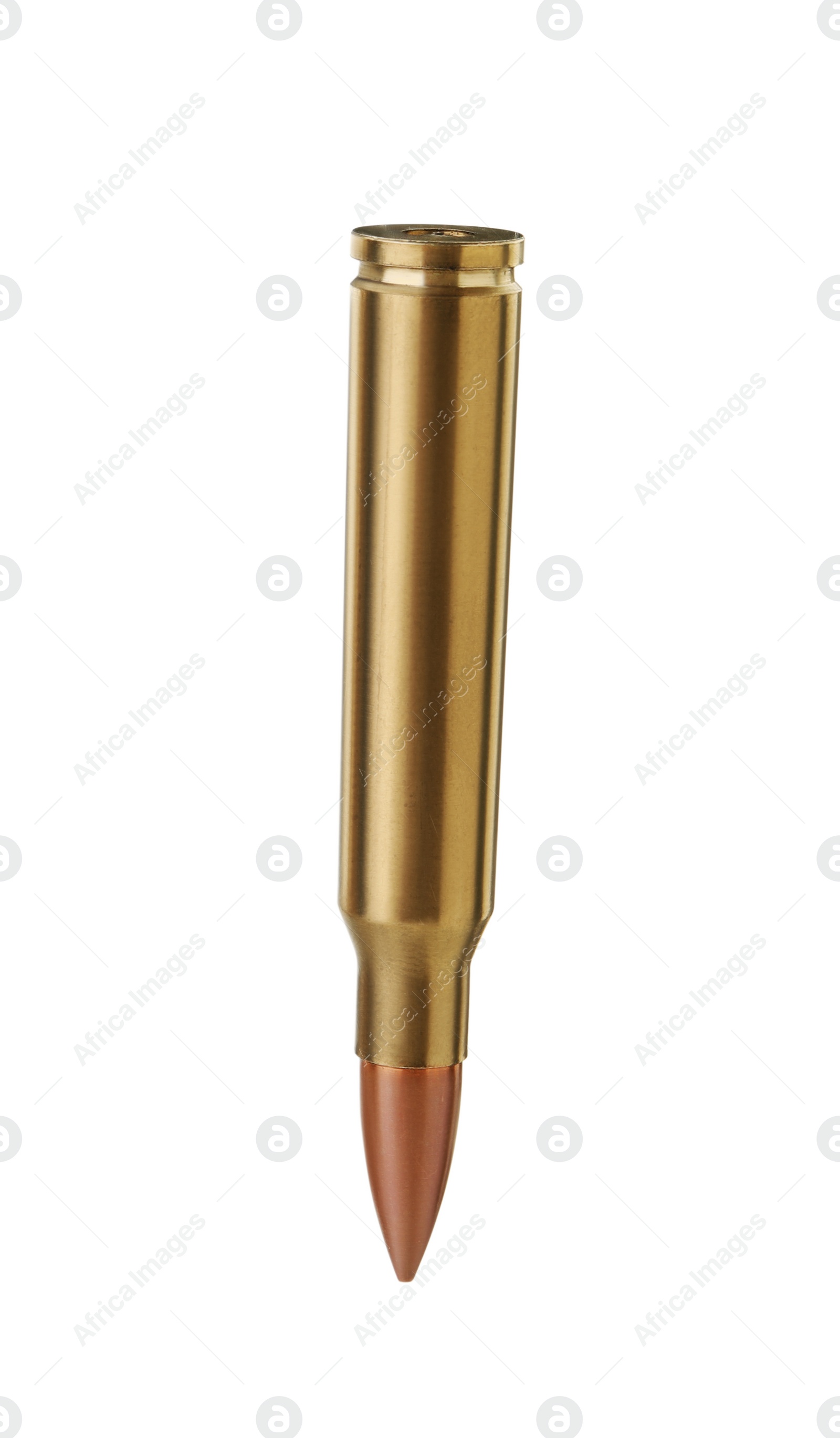 Photo of One bullet isolated on white. Firearm ammunition