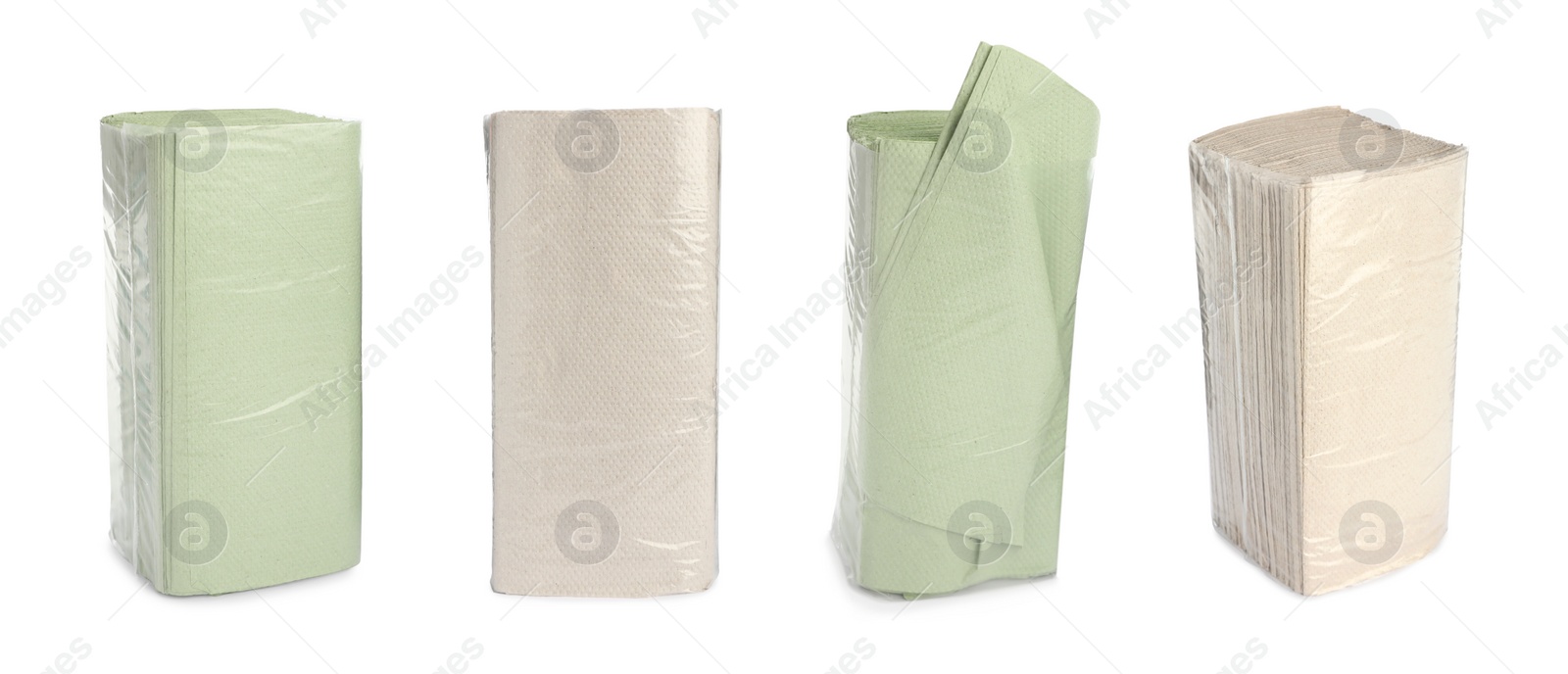 Image of Set of paper towels on white background. Banner design