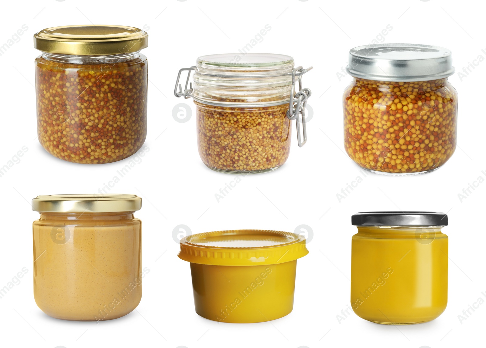 Image of Different mustard sauces in jars isolated on white, set